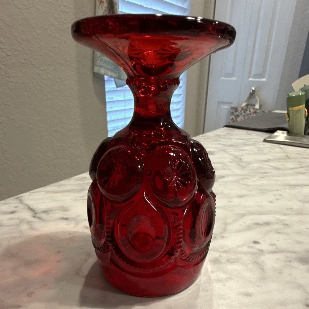 Vintage LE Smith Moon and Star Ruby Red Glass Goblet Pedestal Vase